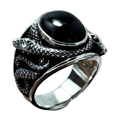 Reptilorm Ring för män, Black Gem Snake Band Ring 9