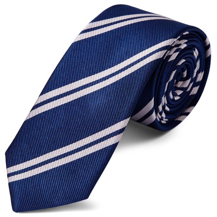 Silver-Tone Twin Stripe Navy Silk 6cm Tie for Men - Patterned Ties