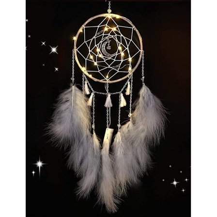 Liten drömfångare med LED-ljus, handgjord fjäderdrömfångare