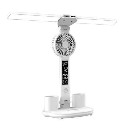 Monitoiminen pöytävalaisin tuulettimella ja USB-portilla, useita valaistustiloja portaattomalla himmennystoiminnolla LED-pöytävalaisin 