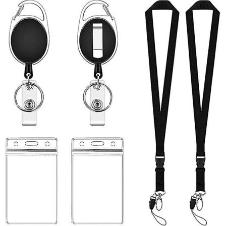 Klar ID-kortholder 2 stk. Plastik badgeholder med snor Sort Retractible badgeholder til skrivebord, nøgle, ID-kort, telefon