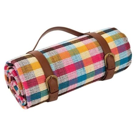 Strandmåtte – Til udendørs camping – Fugtbestandig – Med læderopbevaringsstropper, 150 x 200 cm, farverig plaid