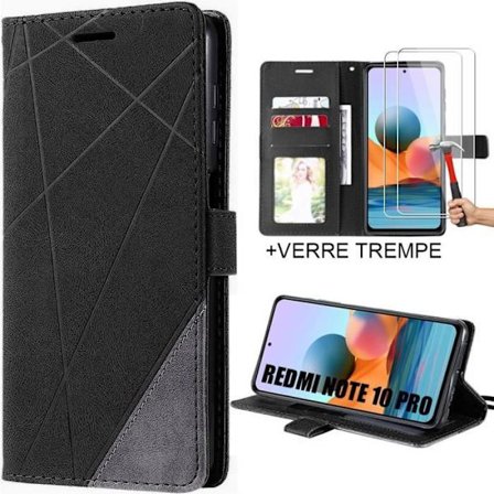 Fodral till Xiaomi Redmi Note 10 Pro + 2 härdade glasögon, svart lädereffektskydd