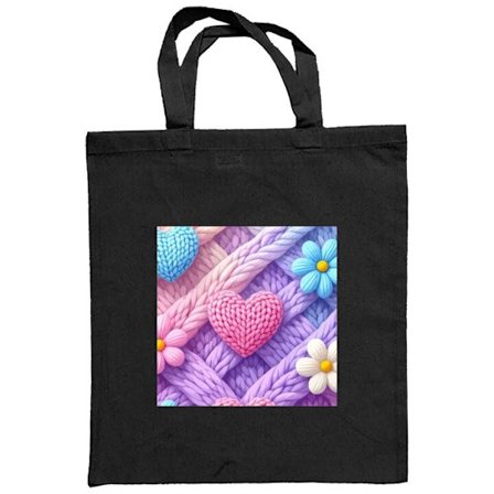 Stoffpose Pastellfarget strikket mønster med flettede teksturer, hjerteformer og blomster i en myk kawaii- og håndlaget følelse