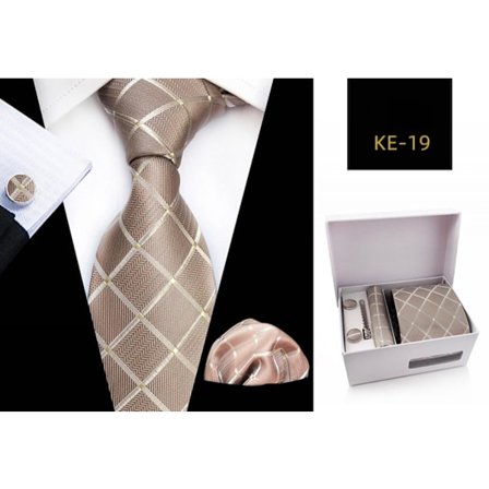Mænds Gave Slipsæt Silke Slips Lommetørklæder Slipsklemmer Manschetknapper Til Mænd, KE—19