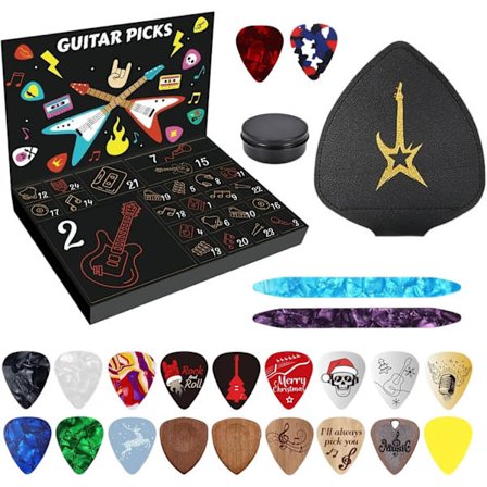 Jule Nedtelling - Gitarplekter Adventskalender, 24-dagers Trekalender med Etui og Plekter, Overraskelsessett for Gitar, Bass og Ukulele