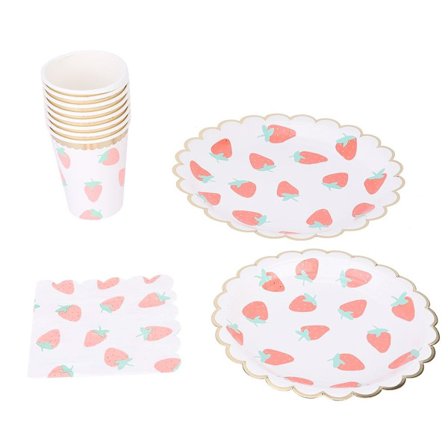 Mansikan kuvioiset kertakäyttöiset paperilautaset KLB