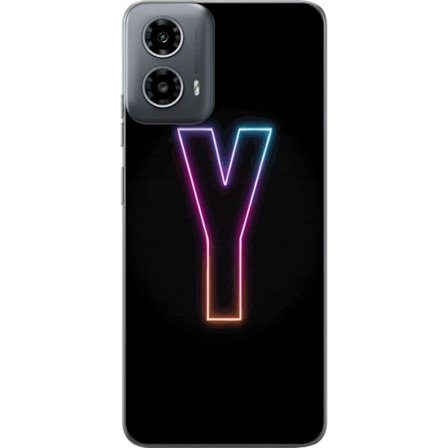 Kompatibelt Mobildeksel til Motorola Motorola Moto G34 Minimalistisk neonbokstav Y i fargeskiftende lys mot svart bakgrunn