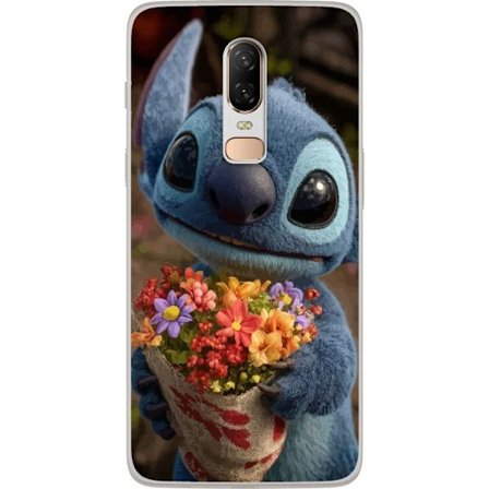 Kompatibel Mobilcover til OnePlus OnePlus 6 Sød blå figur med store øjne, der holder en farverig buket i en varm og kær stil