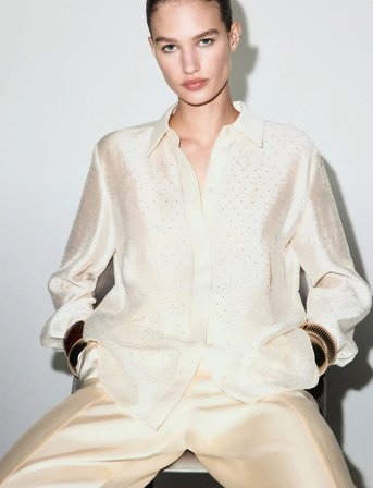 Mango Satin Shirt With Rhinestones - Cream - XS