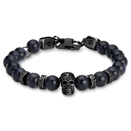 Rico | Pulsera de calavera de acero inoxidable negro y piedra arenisca azul para hombres - Pulseras de acero