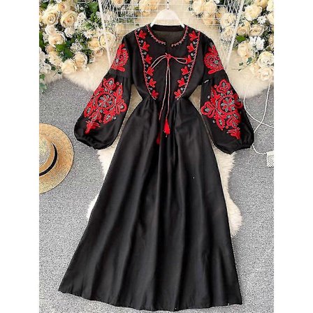 Dame Høstkjoler Bohemsk Broderte Blomster O-hals Lanternermer Høy Midje Plissert Kjole Allsidig Dame Vestidos Pl393