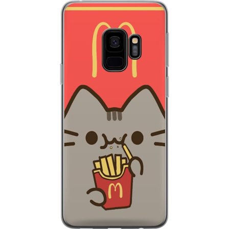 Kompatibelt Mobildeksel til Samsung Galaxy S9 Pusheen-katt som spiser McDonald's-inspirerte pommes frites - søtt og humoristisk motiv i varm fargepale