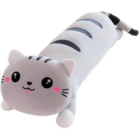 Lang plysj kattepute, grå squishy pute for å sove, lang katt-FA6-