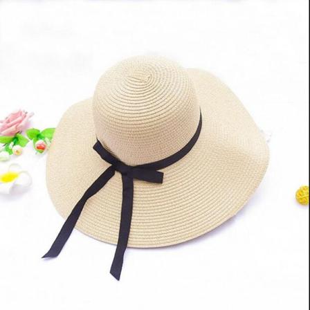 Hatt med bred brem i strå for kvinner, stor, myk, sammenleggbar, rullbar, strandhatt, solhatt, UPF 50+, beige og khaki