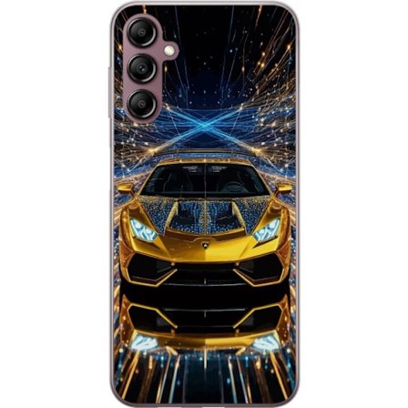 Yhteensopiva Puhelinkuori Samsung Galaxy A14 5G Kultainen urheiluautoillustraatio, futuristinen luksusauto valopolkujen kera täydellinen eksklusiivisi