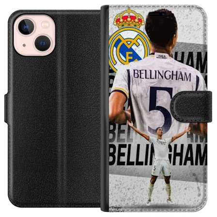 Kompatibel Tegnebogsetui til Apple iPhone 13 mini Real Madrid fodboldmotiv med Jude Bellingham i nummer 5 trøje, stort klubemblem, stærk atletisk pose