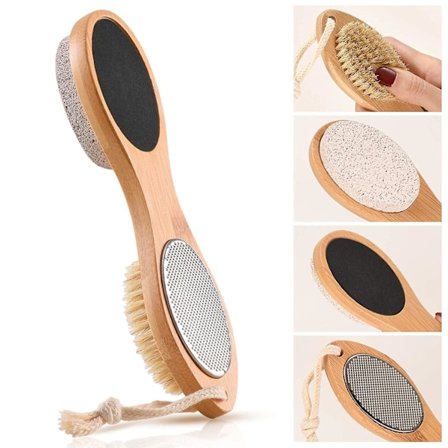 Foot File, Callus Remover, Multi-purpose Four-in-one Pedicure Exfoliating Tool With Foot Care Brush, Pumice Stone, Sandpaper And Bamboo Handle
