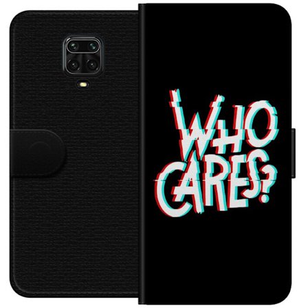 Kompatibel Tegnebogsetui til Xiaomi Redmi Note 9 Pro Glitchtypografi med teksten "who cares" i rødt og cyan på en sort minimalistisk baggrund.
