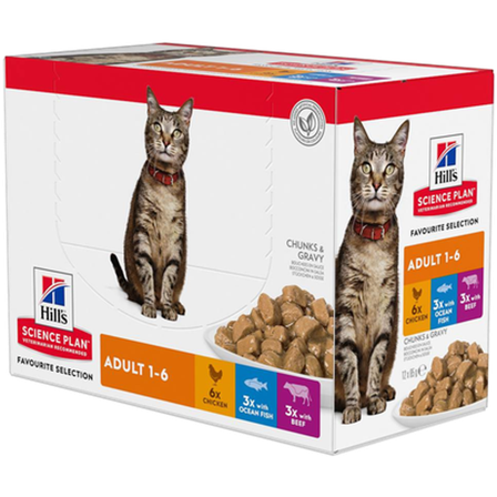 Hills Science Plan - Hills SP Feline Adult Ch/Fi/Be Pouch 12 x 85 g - Katt - Kattefôr & kattemat - Våtfôr og våtmat - ZOO.no