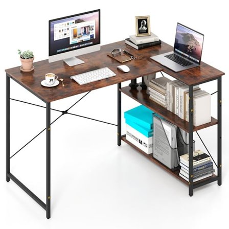 COSTWAY Käännettävä Kulmapöytä 2 Säädettävällä Hyllyllä - Vankka Metallirunko 118 x 86 x 74 cm Ruskea