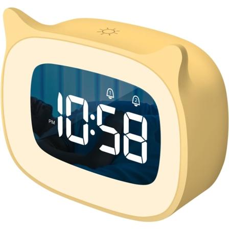 Barnväckarklocka med nattlampa och 18 ringsignaler, uppladdningsbar, söt kattöronklocka för pojkar och flickor, digital klocka för barns sovrum (gul)