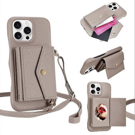 Telefoncover med vandret kortlomme i litchi-tekstur med lang snor Grå