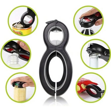 6-i-1 Multifunktionell Öppnare | Köksredskap | Öppnar Burkar, Flaskor, Påsar, Kapsyler, Konserver m.m. | Svart/Grå