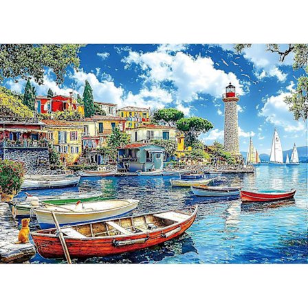 Puslespill for voksne, kysthavn med fargerike hus, fyrtårn og seilbåter. Vakker middelhavslandskap, utfordrende kyst [D]