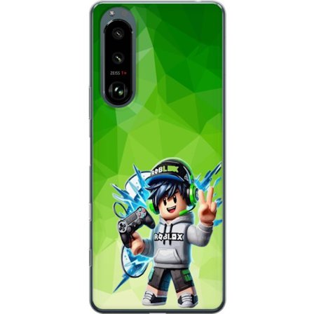 Kompatibelt Mobildeksel til Sony Xperia 5 III Roblox-inspirert gamerfigur med headset, håndkontroll og energiske effekter mot grønn bakgrunn
