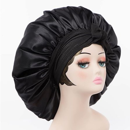 Satin Bonnet Silke Bonnet Hår Bonnet (Sort) Jumbo Størrelse til