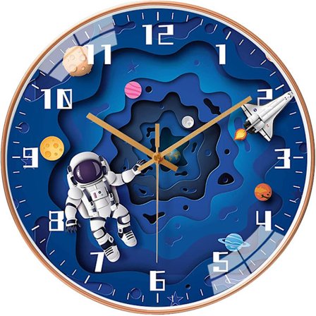 12-inch Silent Sports Children's Wall Clock, Non-tick Children's Round Wall Clock Battery Operation Space Travel Style