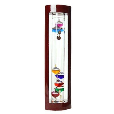 Glass Galileo Thermometer, En Design Med Flerfargede Kuler I En Cherryfarget Treramme (FMY)