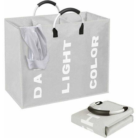 Sammenklappelig vasketøjskurv (80L, 60x32x49), 3 rum med ringhåndtag, stor kapacitet vasketøjskurve til farverige, hvide og mørke tøj