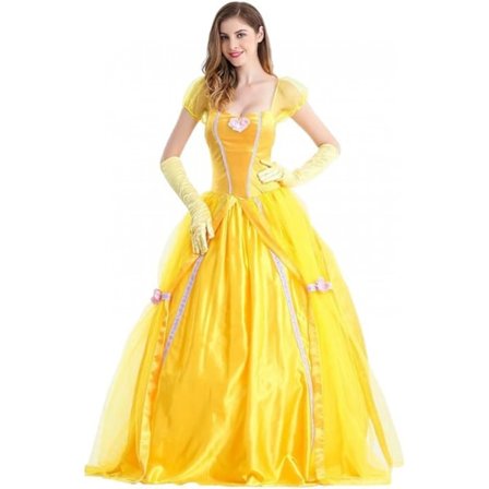 Belle kjole voksen prinsesse kostume fest karneval cosplay performance halloween gul kostume med handsker,XXL