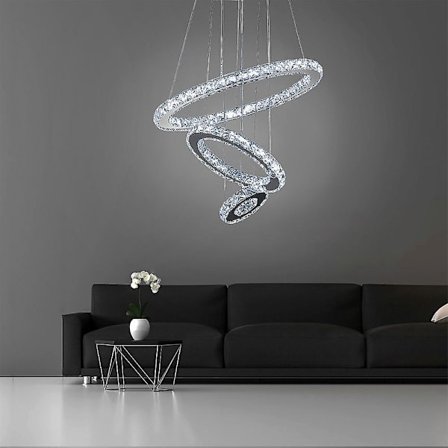 3-ringers LED-krystall-lysekroner, runde ringer