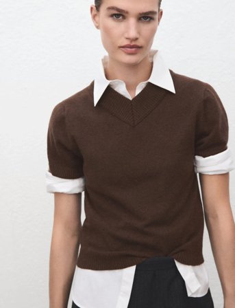 Mango V-Neck Knit Sweater - Brown - L