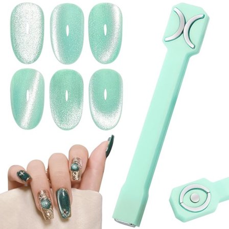 3-i-1 Kattöga Nagelmagneter Nagelkonst 3D Gel Nagellack Kraftfull Magnetisk Sug Multi-Funktionella Nageldesignverktyg Dubbelhuvud Magnet Grön, Kattöga