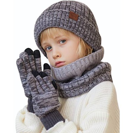 Vinterhue, handsker og halstørklæde sæt til børn, fleeceforet hue og touchscreen-vanter i blandede farver, strikkede tilbehør til koldt vejr til 