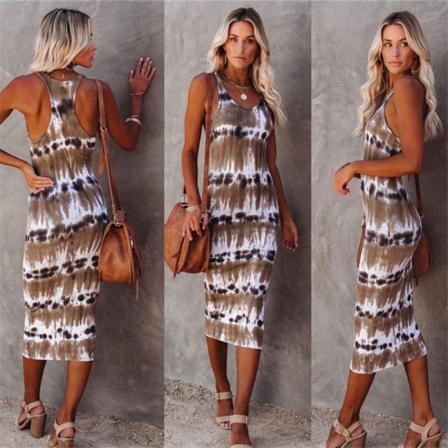Sommar Ärmlös Tank Midiklänning Kvinnor O-ringad Tie-dye Print Sl