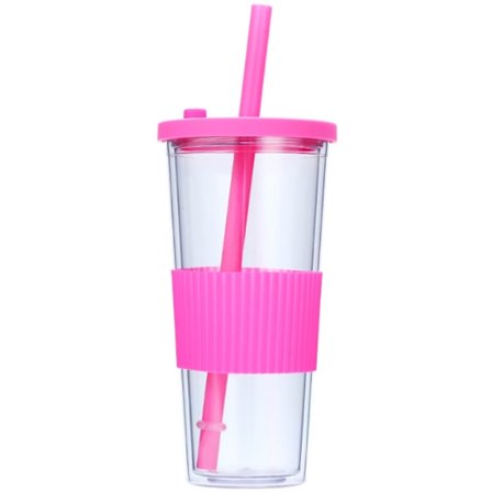 Dubbelväggiga plastglas med lock och sugrör