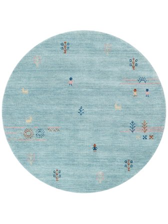 Gabbeh Landscape Ø 150 Petit Bleu Clair Rond Tapis De Laine