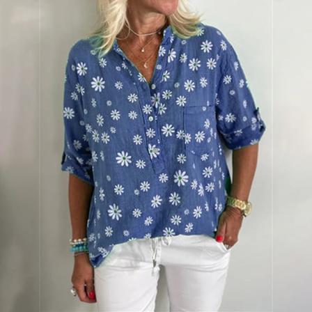 Damer Button Down Blommigt Print Toppar Långärmad V-ringad Blus
