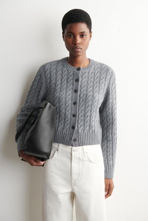COS Women's Cable-Knit Merino Wool Cardigan in Grey
