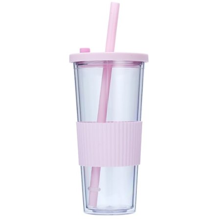 Dubbelväggiga plastglas med lock och sugrör