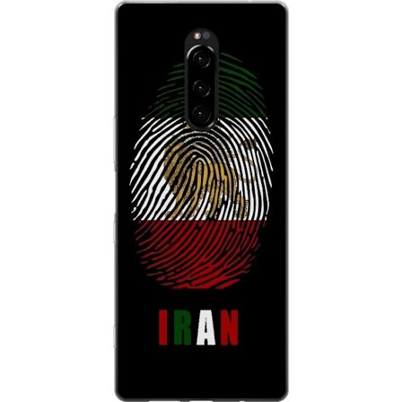 Kompatibel Mobilcover til Sony Xperia 1 Fingeraftryksformat som Irans flag med løvemotiv på sort dramatisk baggrund