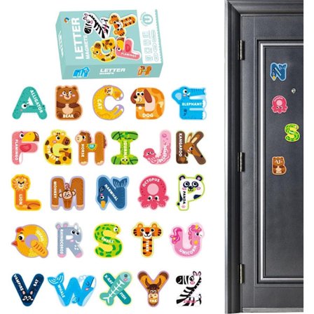 Kylskåpsmagneter - 26 magnetiska bokstavs- och djurkylskåpsmagneter - Lämpliga för barn i åldern 3 till 6 år