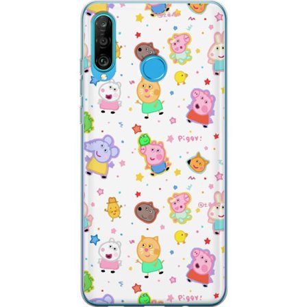 Kompatibel Mobilcover til Huawei P30 lite Farverige tegneserie dyrekarakterer i en legende stil med stjerner og prikker på en lys baggrund