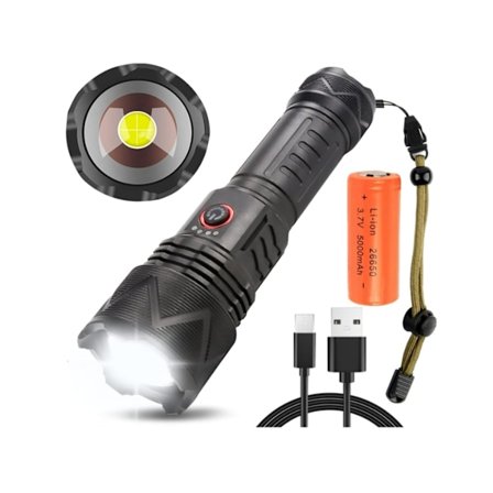 250000 Lumen Oppladbar LED Taktisk Lommelykt Xhp70 Bærbar Lommelykt IPX4 Vanntett Lommelykt med 4 Zoom Moduser Svart
