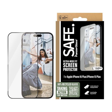 PanzerGlass SAFE by PanzerGlassScreen Protection with Black Frame iPhone 16 Plus/iPhone 15 Plus Ultra-Wide Fit